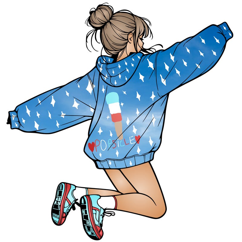 realistic girl jumping with a bun and oversized sweatshirt