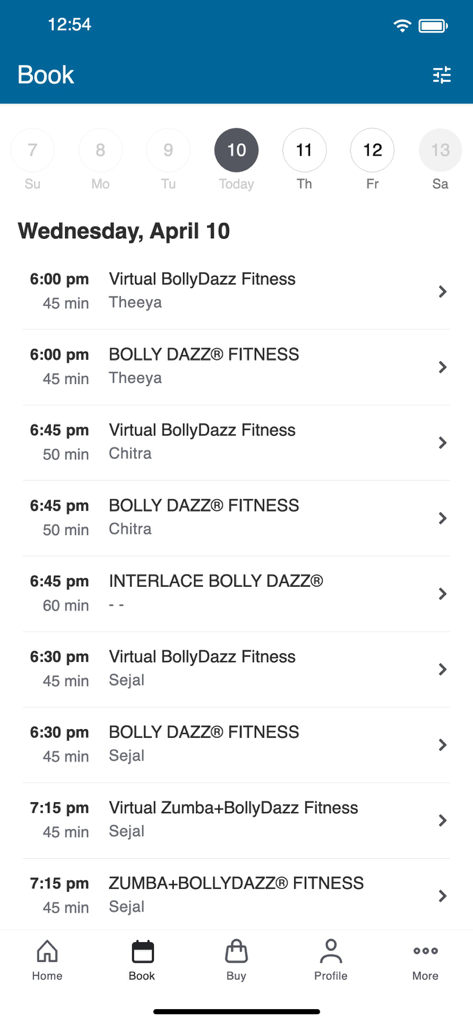 Bolly Dancing - Mobile app screen showing a daily schedule of Bollywood fitness and Zumba classes for booking