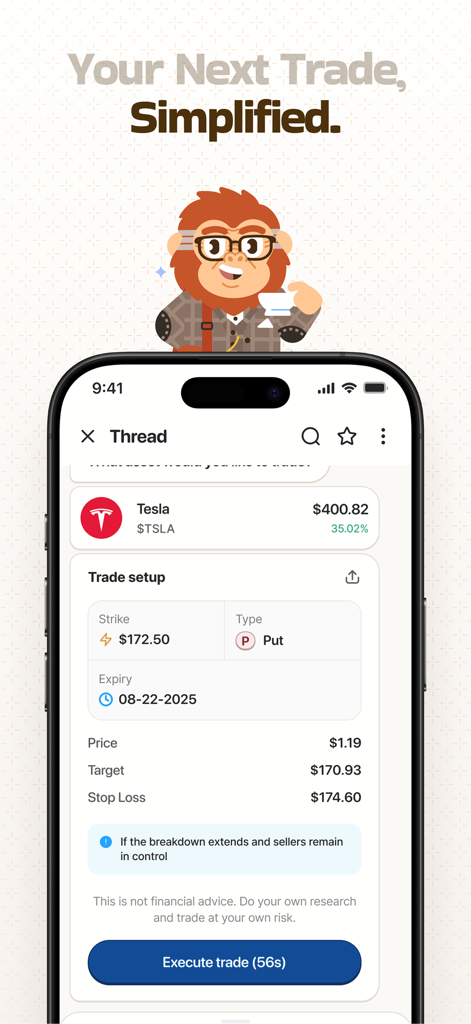 Ape AI: Trading Companion - Interfaz de la aplicación Ape AI que muestra una configuración de operación simplificada para acciones de Tesla con un personaje de simio de dibujos animados