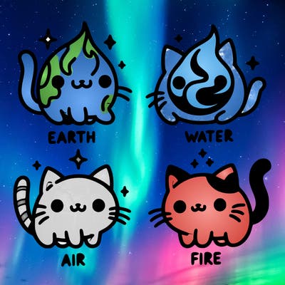 4 cats that represent the different elements, earth, water, air, and fire