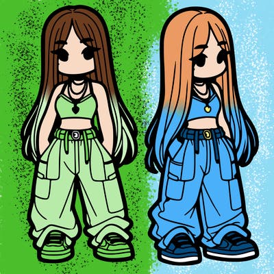 girl in baggy pants crop top and long hair