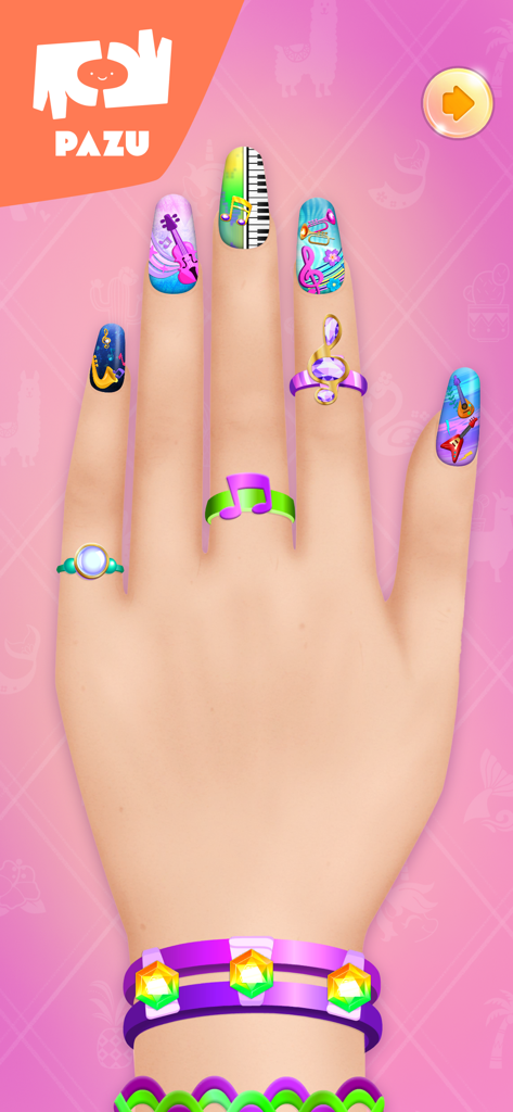 Nail Salon Games for Girls - Mano con arte de uñas con temática de instrumentos musicales y joyas coloridas de Nail Salon Games for Girls