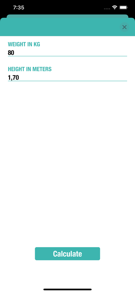 Medical Calculator App - Interfaz de la calculadora médica con campos de entrada para peso en kilogramos y altura en metros