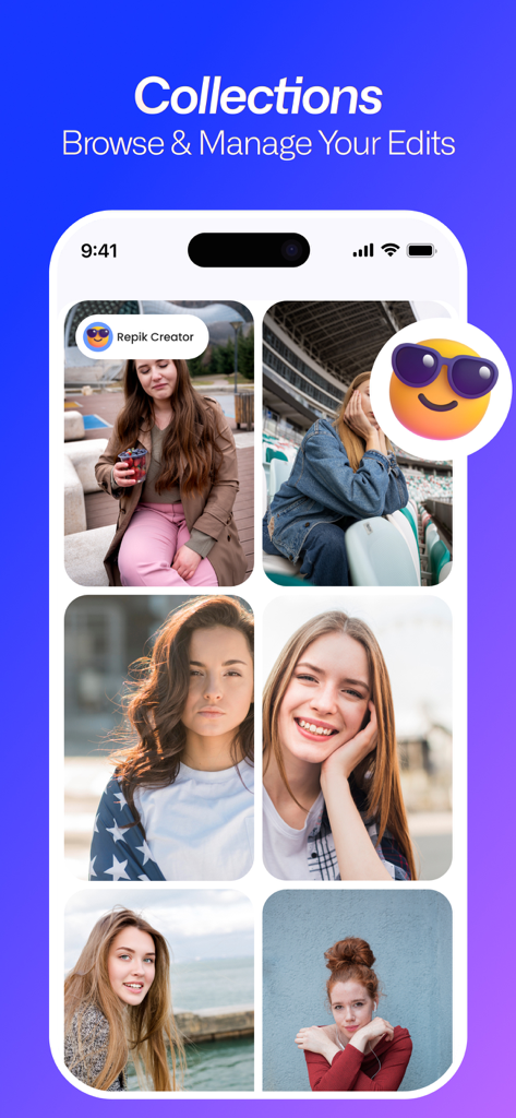 Repik - AI Photo Retouch & Fix - Repik app collections screen showing a grid of edited portrait photos