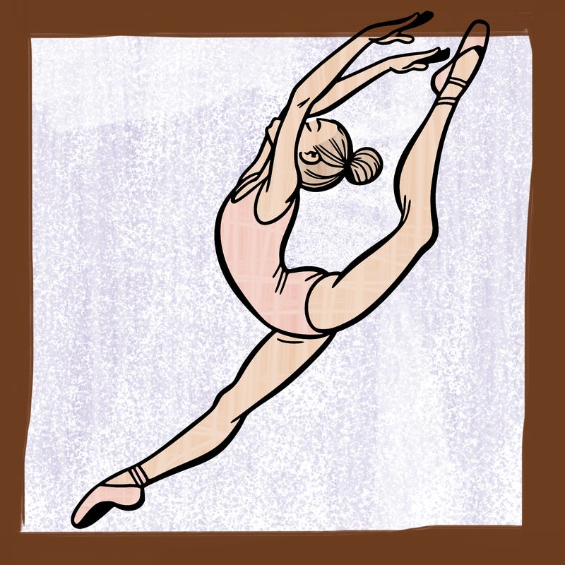 gymnast doing a leap in a leotard with a bent back leg