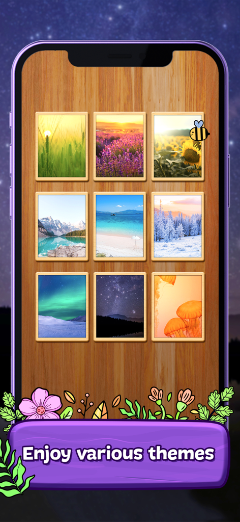 Merge Wood: Block Puzzle - A selection of nature and landscape background themes available in the Merge Wood block puzzle app.