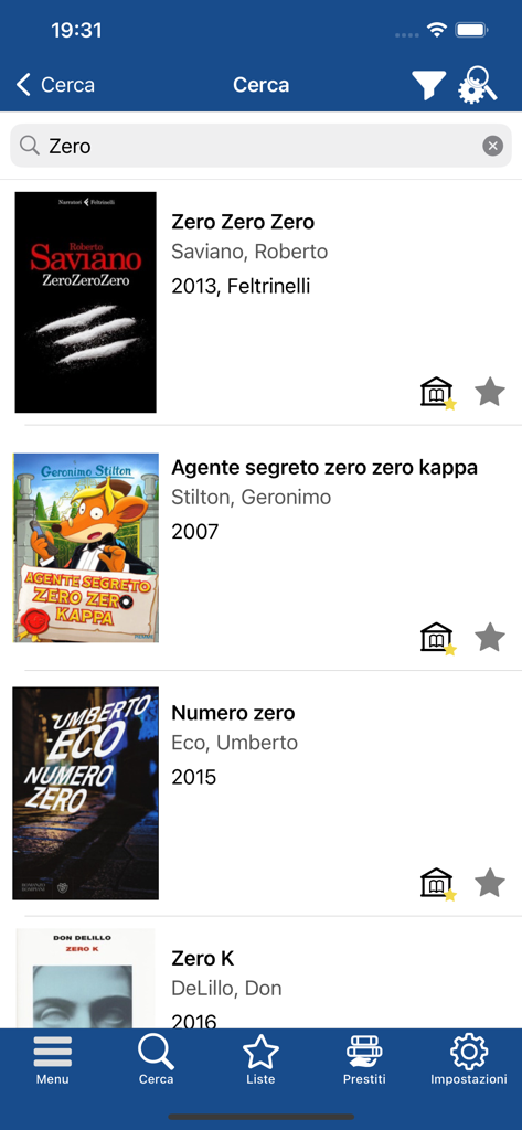 The search results screen of the bi.G.met app showing a list of Italian books in the library catalog.
