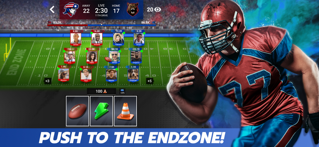 Football Battle - Touchdown! - Football Battle game interface showing player lineups on a field and a large football player graphic with the text Push to the Endzone.
