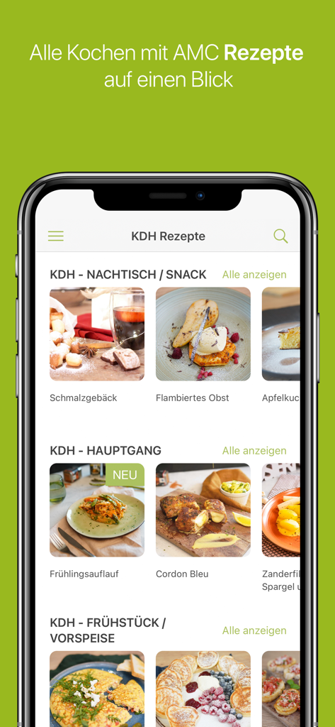Kochen mit AMC - Ein mobiler Bildschirm zeigt die Kochen mit AMC App mit verschiedenen Rezeptkategorien wie Snacks und Hauptgerichten, die mit Lebensmittelbildern angezeigt werden