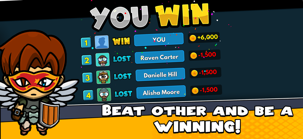 Bomb Man - Battles - Bomb Man Battles victory screen showing player leaderboard and coin rewards.