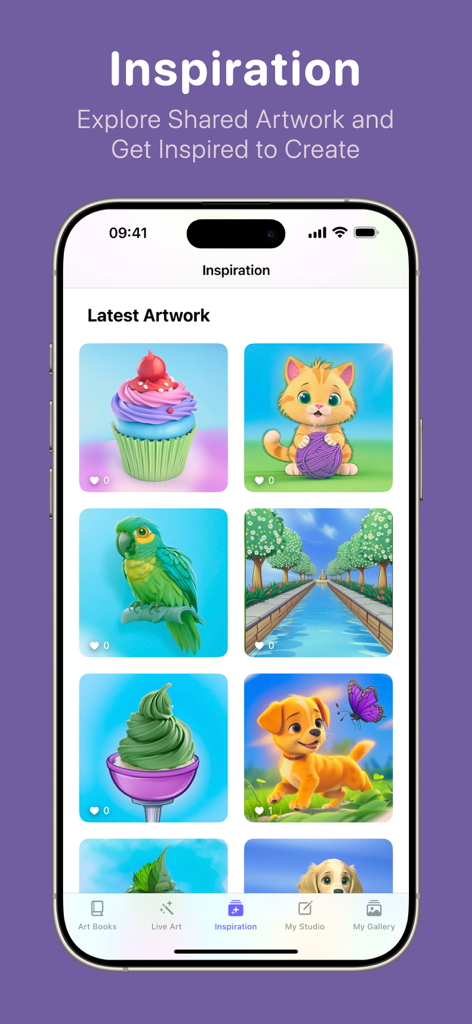 Kala: AI Art Coloring Book - Inspiration tab in the Kala AI Art app showing a community gallery of colorful digital artwork including animals and food