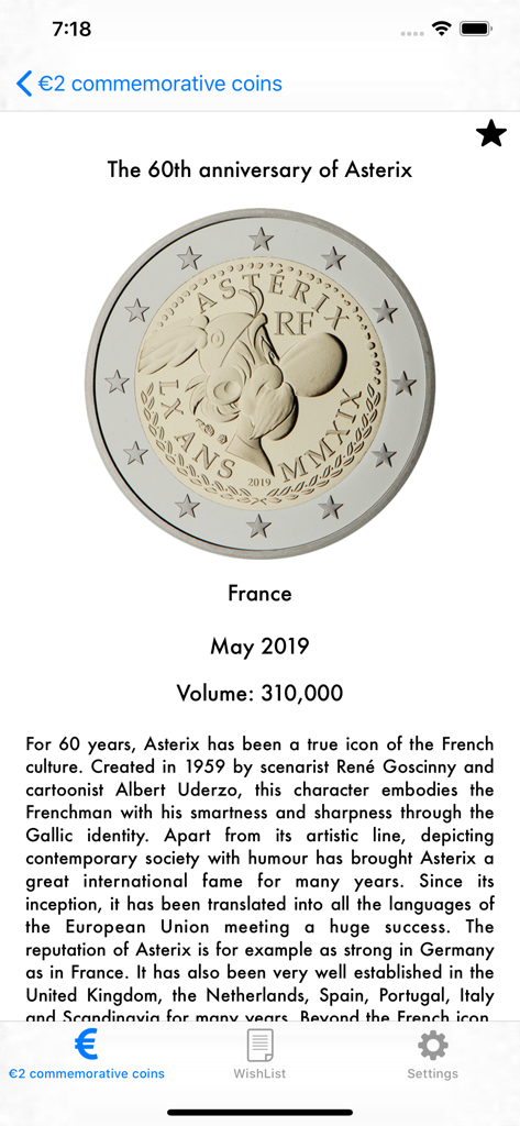 2 Euro coins - Informations détaillées sur la pièce commémorative française de 2 Euros Astérix dans l'interface de l'application.