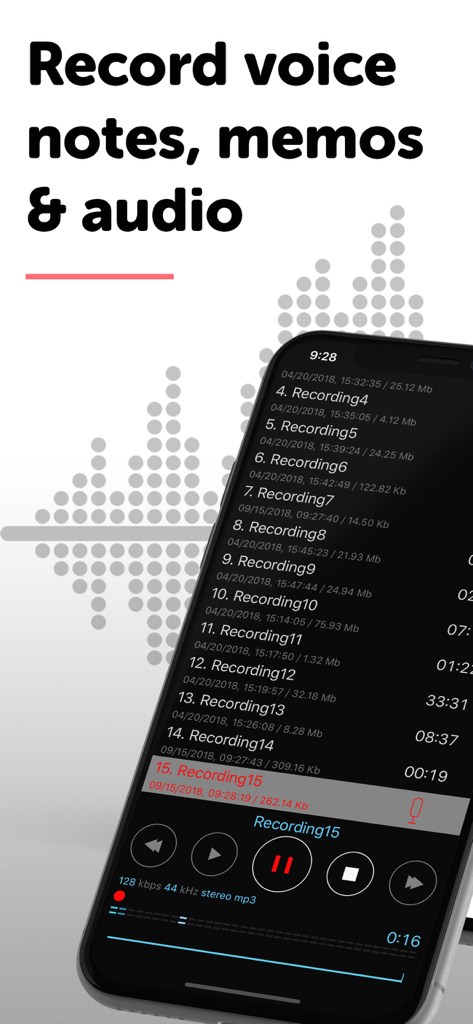 Dictaphone - Audio Recorder - iPhone screen showing the Dictaphone app recording list and audio playback controls