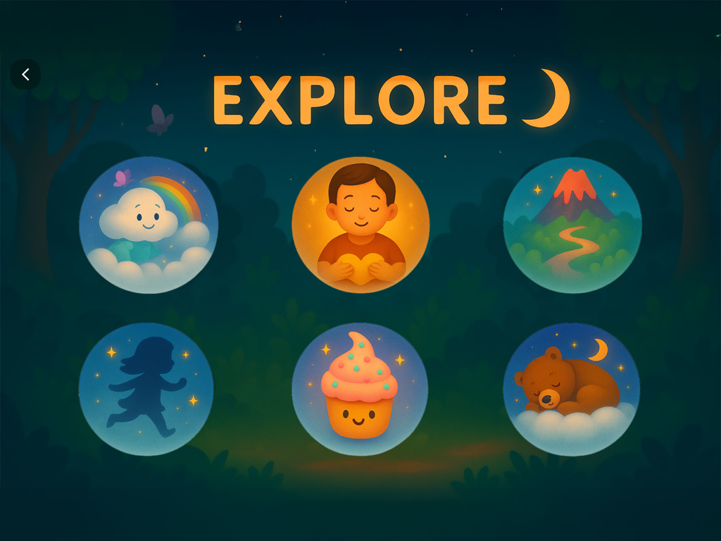 Winkabook app explore menu showing whimsical story icons for children