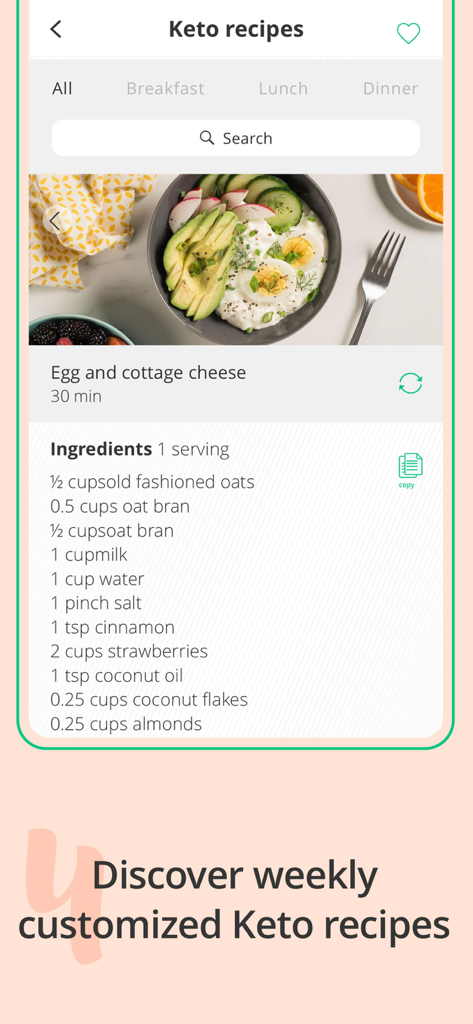 Keto Recipes & Meal Plans - Interfaz de la aplicación Keto Recipes que muestra un plan de comidas personalizado para el desayuno con ingredientes
