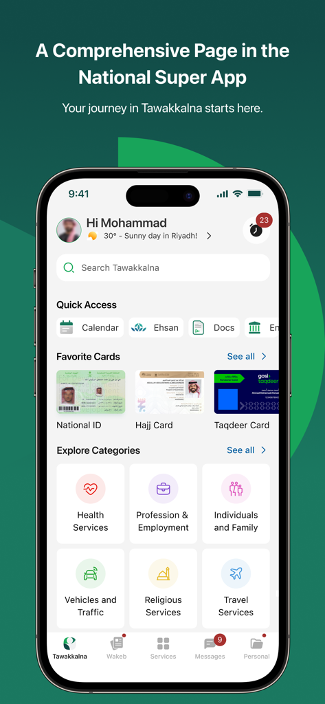 Startseite der Tawakkalna App, die digitale Ausweise und Servicekategorien für saudische Einwohner und Reisende anzeigt