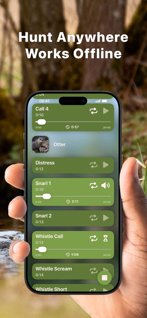 Hunting Calls: Nutria & Otter - Pantalla de smartphone que muestra llamadas de caza de lontras y nutrias con funcionalidad sin conexión