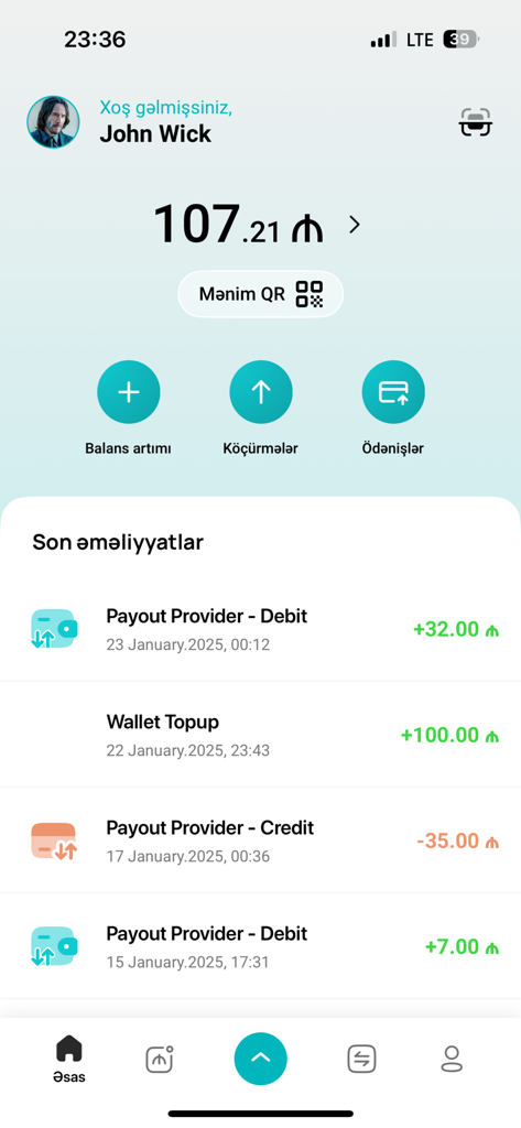 PulPal Wallet app dashboard showing account balance in Manat and a list of recent transactions