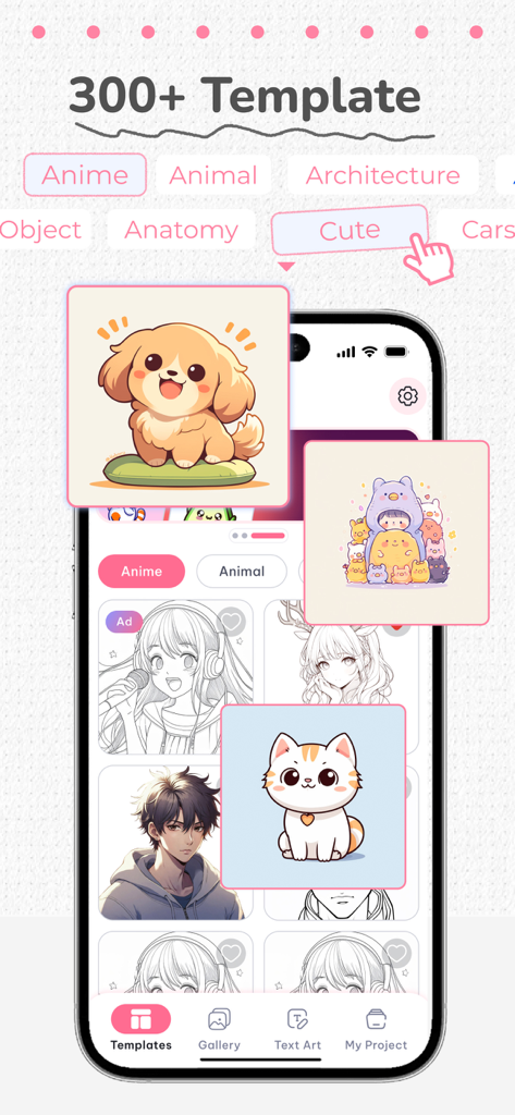 AR Sketch & Trace - Interfaz de la aplicación móvil AR Sketch and Trace que muestra una biblioteca de más de 300 plantillas de dibujo, incluidas las categorías de Anime, Animal y Lindos.