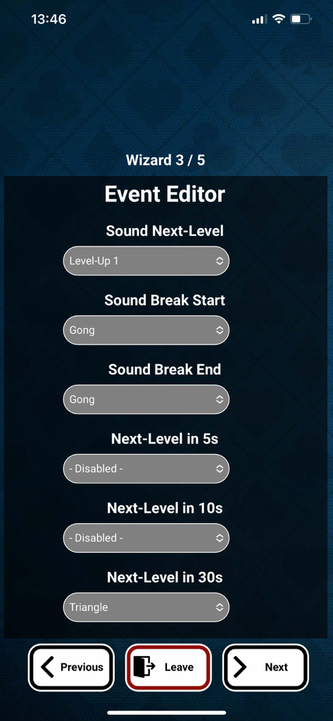 Interface of the Bullets Poker Clock app showing the event editor wizard where users can customize sounds for next levels, break starts, and break ends.