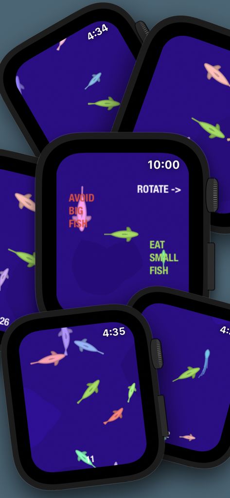 Diversi schermi di Apple Watch che mostrano il gameplay dell'app Fish in a Watch, illustrando come mangiare pesci piccoli ed evitare quelli grandi.