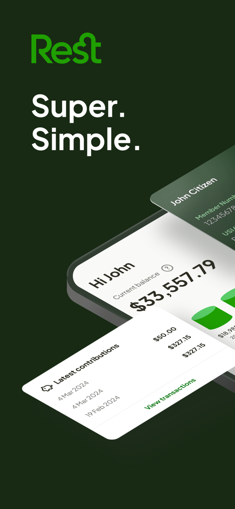 The Rest Super app interface displaying account balance and latest contributions on a mobile device.