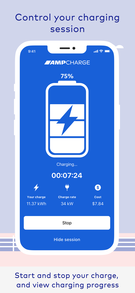 Ampol - Ampol app screen displaying a real time electric vehicle charging session with battery percentage and cost
