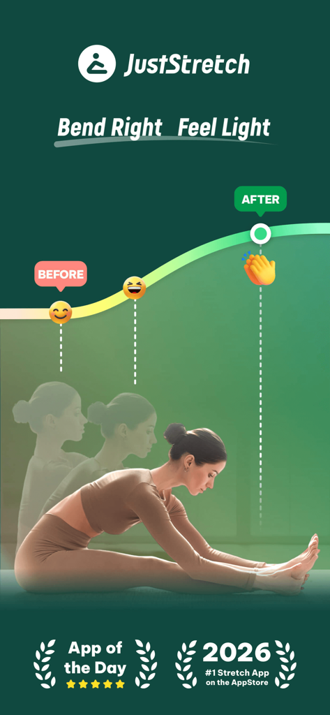 JustStretch | Flex & Mobility - Imagen promocional de la aplicación JustStretch que muestra a una mujer haciendo una flexión sentada hacia adelante con un gráfico de progreso de flexibilidad y premios de la tienda de aplicaciones.