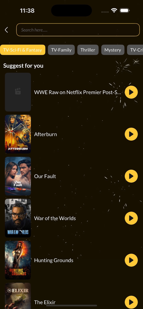 Mobile app interface showing suggested movies and TV shows with genre filters and play buttons