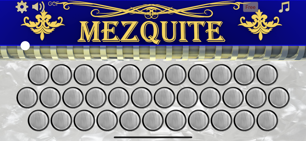 Mezquite Diatonic Accordion - Interface of the Mezquite Diatonic Accordion app showing three rows of silver buttons on a pearlescent background.