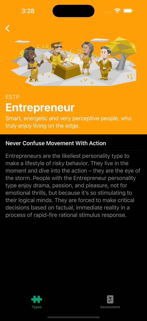 YourMyersBriggs - Screenshot of YourMyersBriggs app displaying the ESTP Entrepreneur personality profile and characteristics