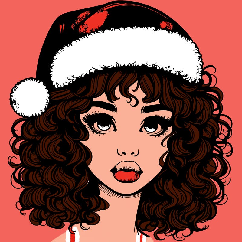 realistic girl with a santa hat curly hair and lips