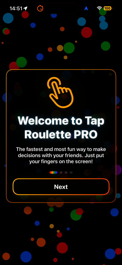 Pantalla de bienvenida de la app de juego de fiesta Tap Roulette PRO