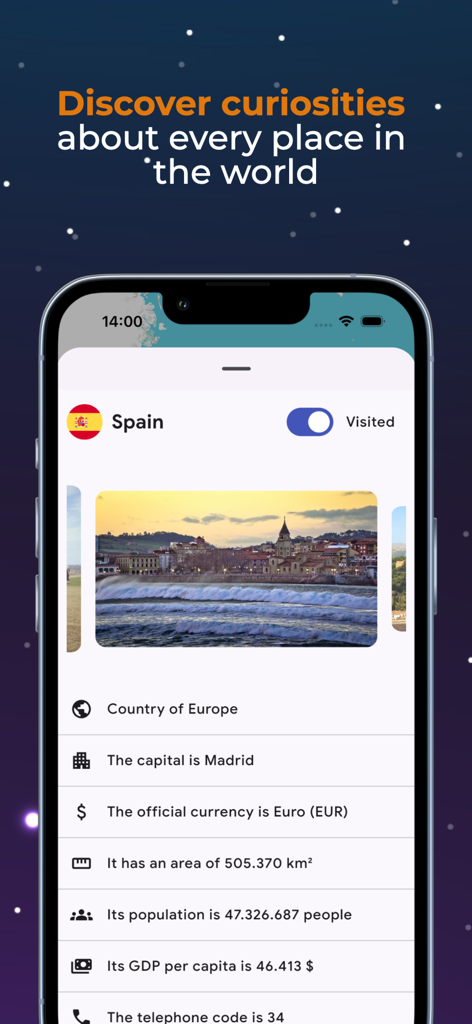 Pantalla de la aplicación World Traveller mostrando curiosidades y hechos sobre España como la capital y la moneda