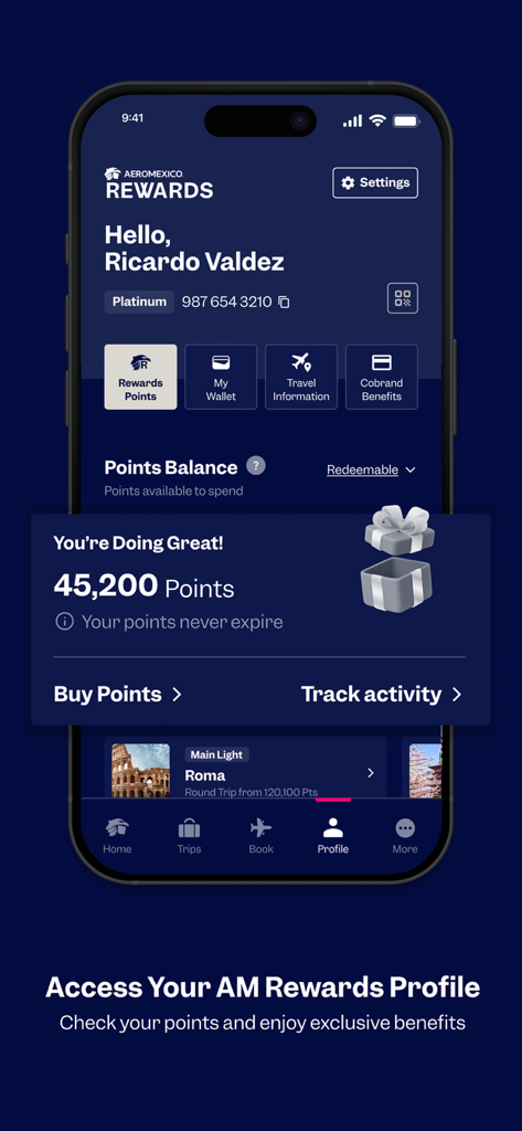 アエロメヒコアプリのインターフェースに、ポイント残高と会員ステータスが表示されたAM Rewardsプロファイルが表示されています