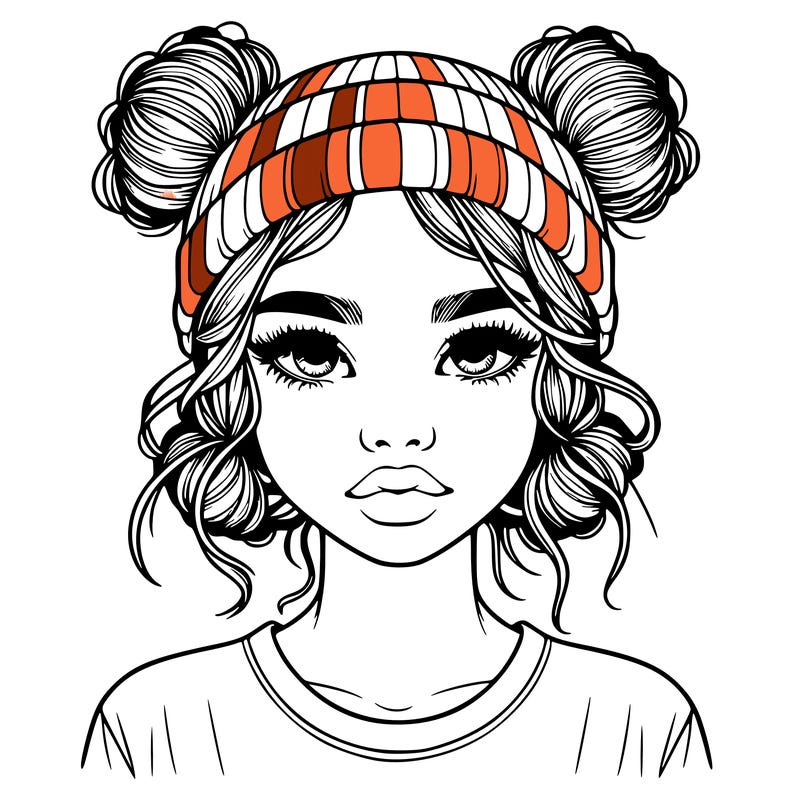 realistic girl with buns in her hair with a beanie on