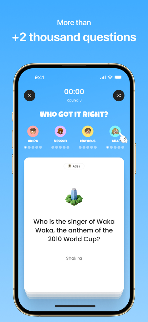 Dato: Trivia Brain Quiz Games - Una pantalla móvil que muestra una pregunta de trivia sobre Shakira y la Copa del Mundo de 2010 en la aplicación de juego Dato con avatares de múltiples jugadores.