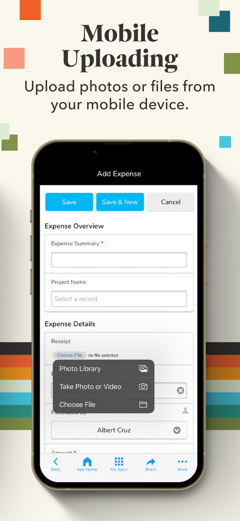 Quickbase app screen demonstrating the mobile uploading feature to attach photos and files to an expense report