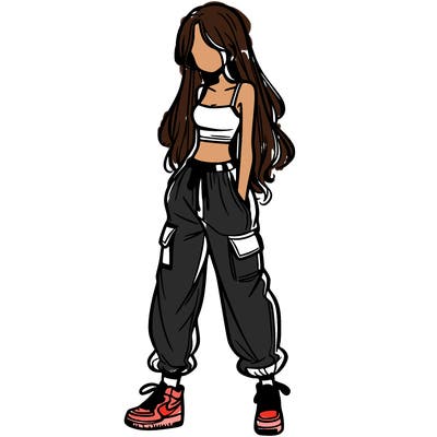 girl in baggy pants crop top and long hair