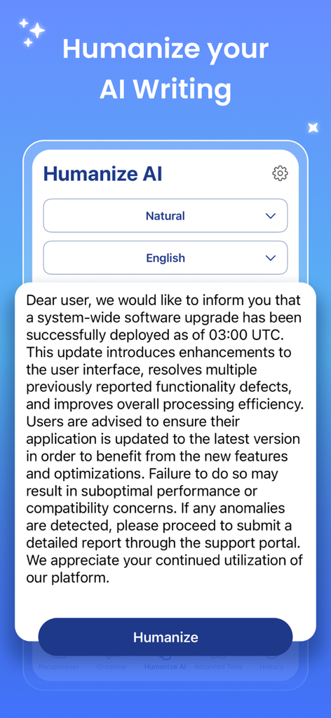 Rewrite: Paraphrase Tool - A mobile screen from the Rewrite app showing the Humanize AI interface with a text sample and a button to convert robotic text to natural language