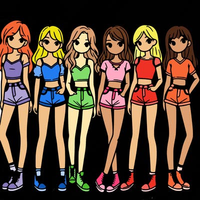 a group of girls wearing crop tops and shorts