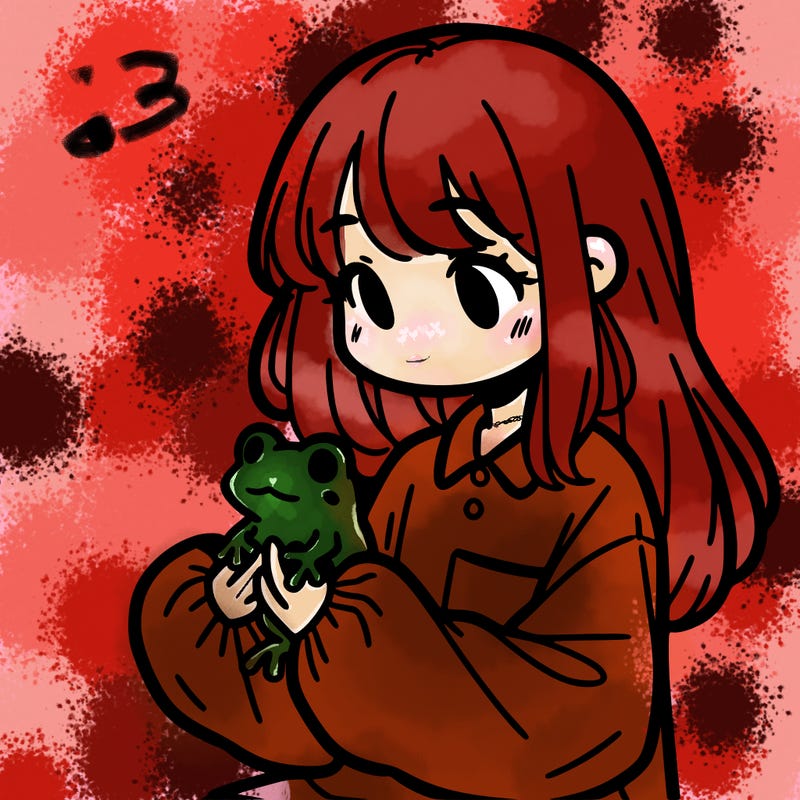 girl with long hair and a oversized shirt. and she is holding a frog