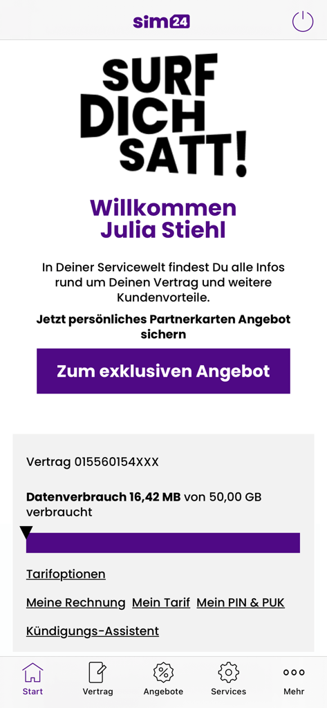 sim24 Servicewelt - Dashboard dell'app sim24 Servicewelt che mostra l'utilizzo dei dati e le impostazioni dell'account