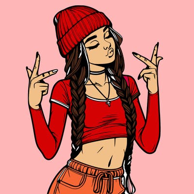 realistic teenage girl with braids and a beanie and crop top doing 🫶🏼
