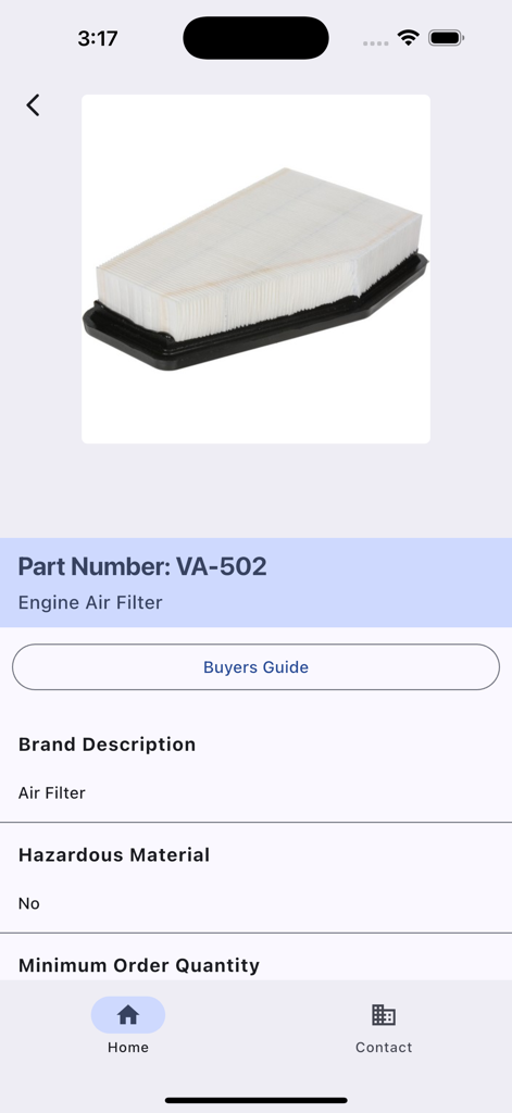 Filter and Wiper Part Lookup - Mobile app screen showing details for an engine air filter part number VA-502