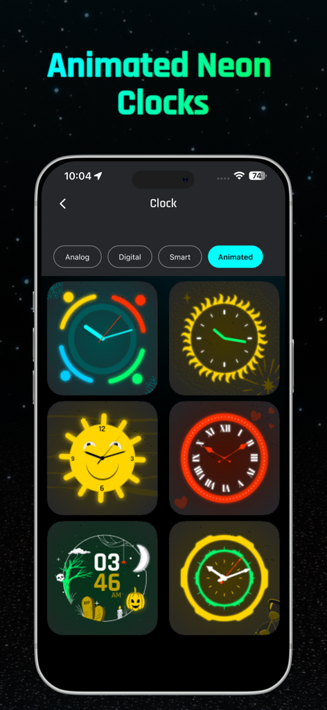 Digital Neon Night Clock - A collection of animated neon clock designs displayed on a smartphone screen.