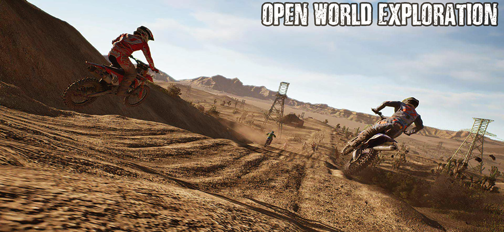 Pilotos de motocross a atravessar um vasto deserto em modo de exploração de mundo aberto