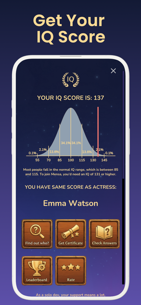 Página de resultados do teste de QI mostrando uma pontuação de 137 com uma curva de sino de distribuição e comparação com Emma Watson.