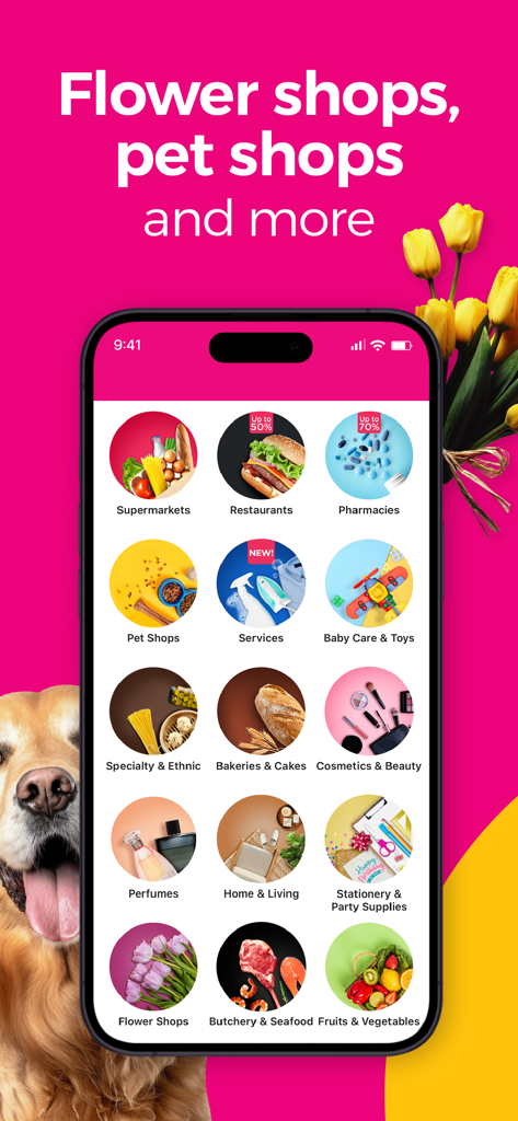 instashop: Groceries & more - InstaShop Mobile App-Bildschirm mit verschiedenen Einkaufskategorien, darunter Tiergeschäfte, Blumenläden und Lebensmittel