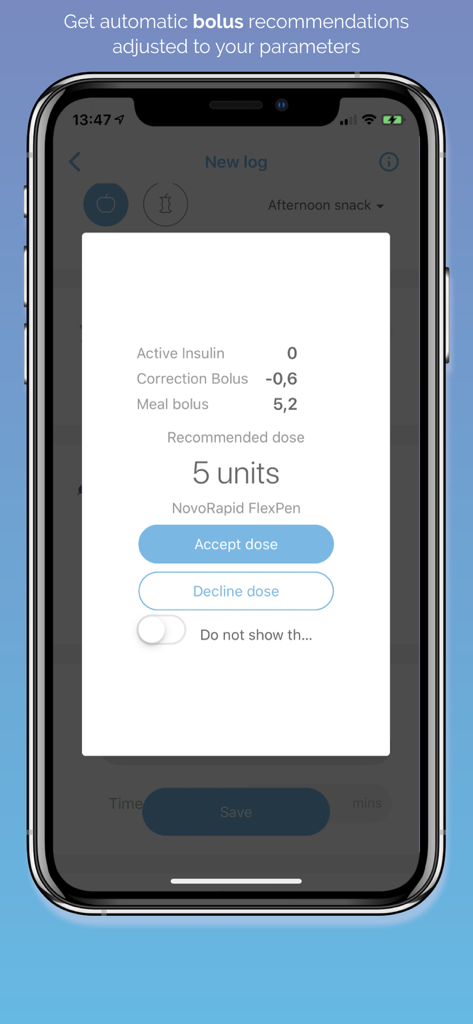 SocialDiabetes - Diabetes app - Tela do aplicativo SocialDiabetes mostrando recomendação automática de bolus de insulina e calculadora de dose